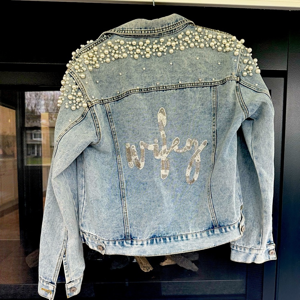 Pearl Embellished Wifey Light Blue Jean Jacket